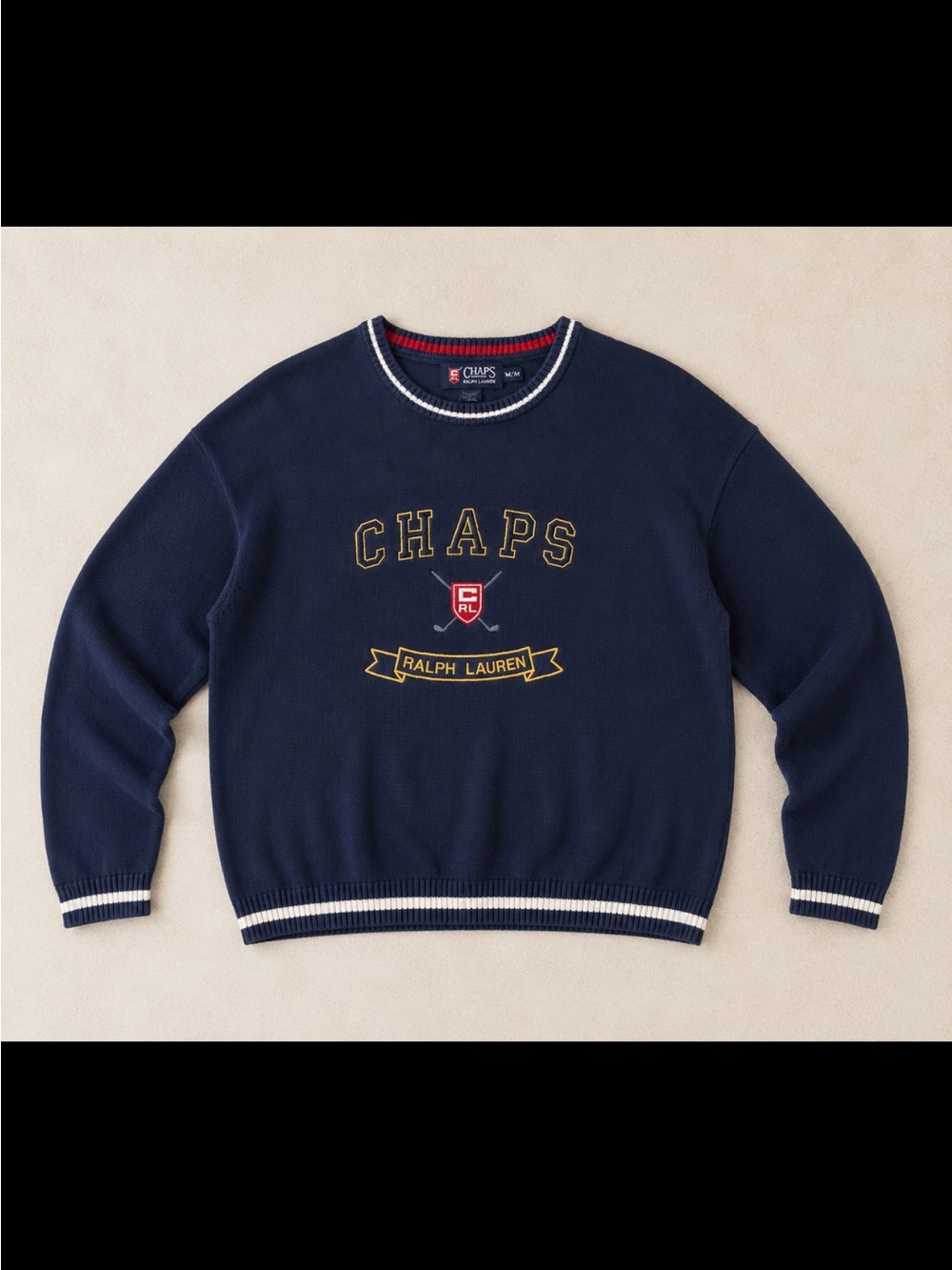 Vintage Chaps Ralph Lauren Sweater Mens Medium Navy Knit Logo Crest Crewneck Y2K